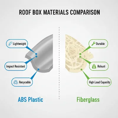 An illustrative comparison of ABS plastic and fiberglass materials in a roof box context, highlighting their properties.