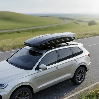 An aerodynamic roof box with a sleek, tapered front and low profile on a silver SUV.