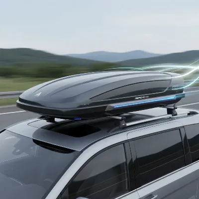 Close-up view of an aerodynamic roof box design, highlighting sleek lines and features for reduced wind resistance.