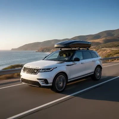 A sleek, black budget roof box mounted on a white SUV, illustrating extra storage for a road trip.