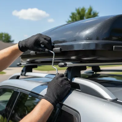 A person is carefully installing a cargo roof box onto a car's roof rack, emphasizing safety and proper fit