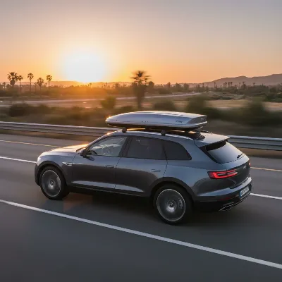 A modern car with a sleek, aerodynamic roof box driving on a highway, seen from a dynamic side angle during sunset.