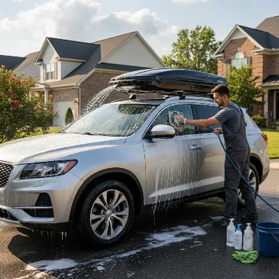 A car with a roof box is being hand-washed in a driveway on a sunny day.