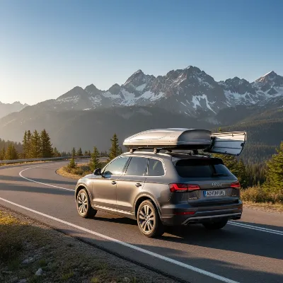 An aerodynamic dual opening roof box mounted on an SUV, ready for adventure.