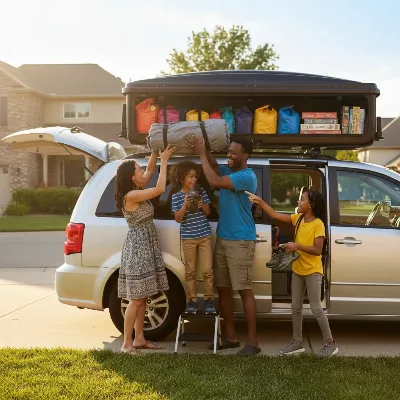 A family of four (parents and two children) cheerfully packing an extra-large roof box on their minivan for a road trip.