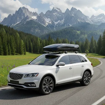 Goplus roof box mounted on a white SUV, emphasizing fit and aesthetics