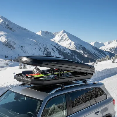 A heavy-duty roof box securely mounted on a snow-covered SUV, with skis and snowboards visible inside, set against a backdrop of snowy mountains.