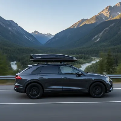 Inno Phantom Cargo Roof Box showcasing its aerodynamic design mounted on a car rooftop under a clear sky.