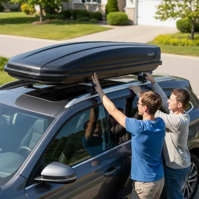 A person and helper safely installing a hard shell roof box on a car's roof bars in a driveway