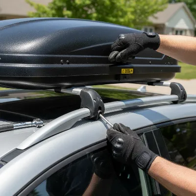 A person installing a dual opening roof box onto car roof bars, demonstrating a secure mounting system.