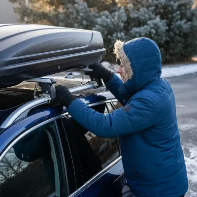 A person carefully installing a heavy-duty roof box onto the roof rack of a car, ensuring proper alignment and secure attachment of the mounting clamps. 