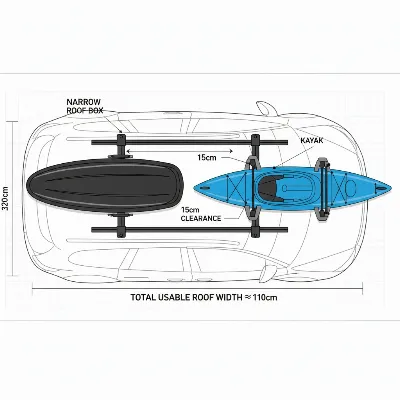 Diagram illustrating narrow roof box and kayak on car roof bars
