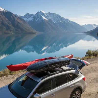 Sleek narrow roof box alongside a kayak on an SUV, adventurous backdrop.