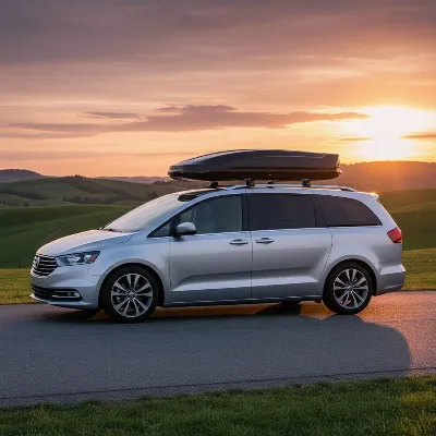A modern minivan with an extra-large, sleek roof box mounted on its roof rack, parked against a scenic outdoor backdrop at sunset.