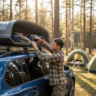 A person carefully arranging soft camping gear into a grey roof box mounted on a car, ensuring even weight distribution. The car is parked outdoors at a campsite during the day.