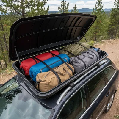 An open roof box showing neatly packed items, with straps securing luggage and camping gear inside.