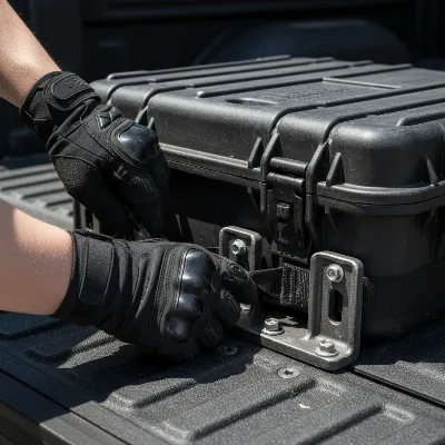 Hands securing heavy-duty Pelican BX135 Cargo Case onto a truck bed mount with robust latches and tie-down plates