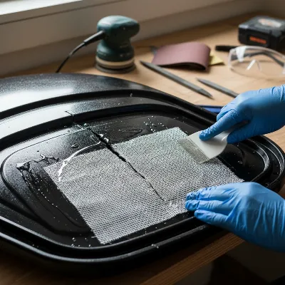Expert hands applying epoxy resin and fiberglass cloth to a cracked hard shell roof box on a workbench