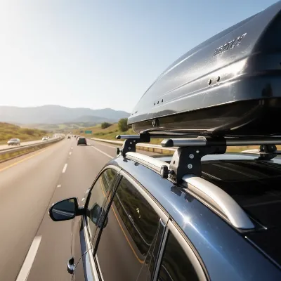 A securely mounted grey roof box on a dark SUV traveling on a highway, with strong visual emphasis on the stable connection to the roof rack, under bright daylight. The scene should convey safety and stability, with minimal motion blur to show secure attachment. Realistic, editorial style.