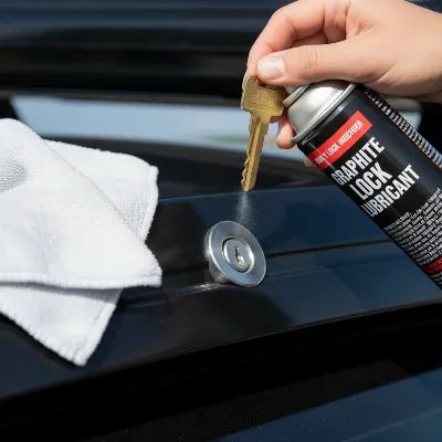 Essential tools for roof box lock maintenance, including graphite lubricant and a key.