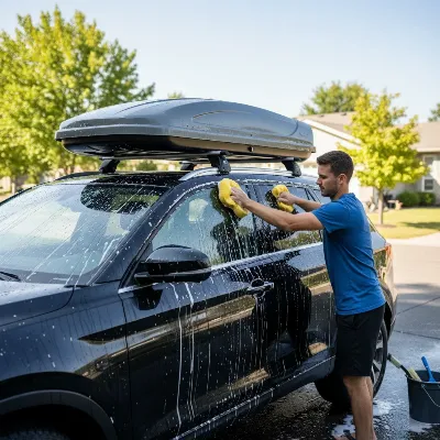 Man hand-washing a car with a roof box, demonstrating safe cleaning practices