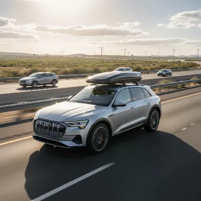 Aerodynamic roof box on a car driving on a highway, showing sleek design and efficiency