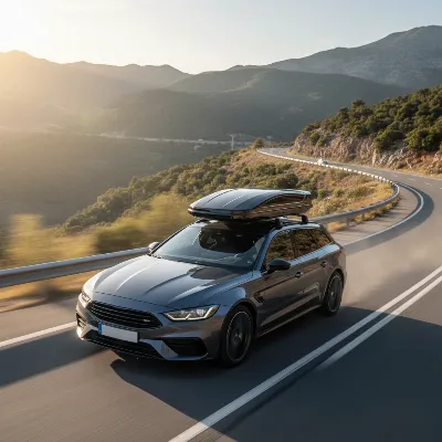 A hard shell roof box securely mounted on top of a vehicle driving on a highway, with mountains in the background
