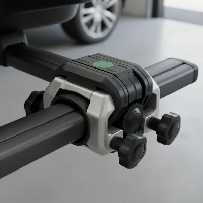 Close-up of a secure roof box mounting system clamp on a vehicle's crossbar, highlighting the robust connection and tightened fasteners for stability. The image should be detailed and instructional, showing proper installation.