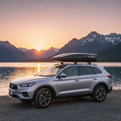 SportRack Vista XL cargo roof box mounted on a silver SUV, parked by a scenic lake, illustrating adventure and utility.