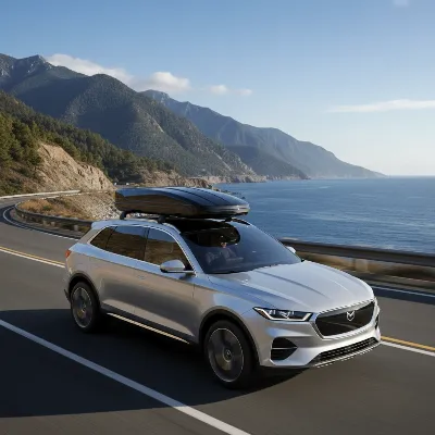 SUV with sleek low profile roof box on a scenic road, enhancing storage.