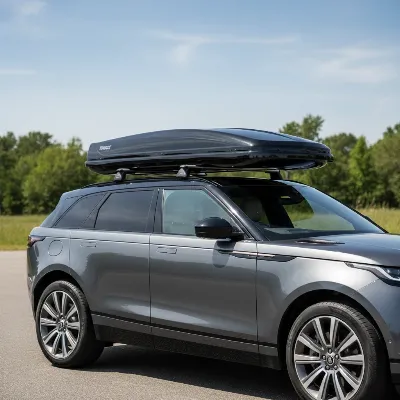 Thule Motion XT cargo roof box installed on a vehicle, showcasing its sleek, aerodynamic design and forward positioning