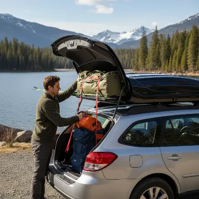 Person loading luggage and skis into a Thule Motion XT roof box, demonstrating internal tie-down straps and spacious interior