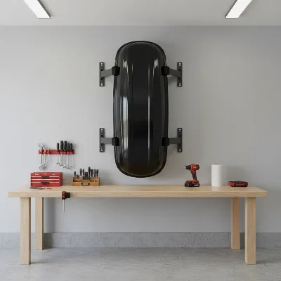 Wall-mounted large roof box in a clean garage with tools organized on a pegboard.
