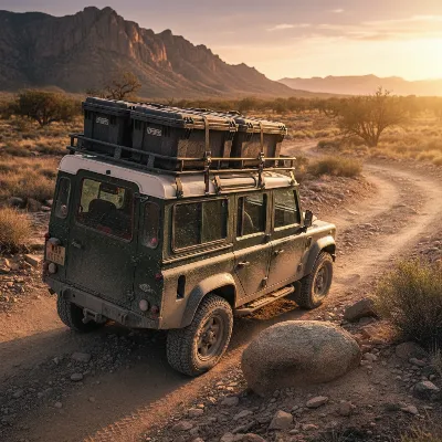 Front Runner Wolf Pack Pro cargo boxes on an off-road vehicle, showcasing their ruggedness and secure fit in a wilderness setting.