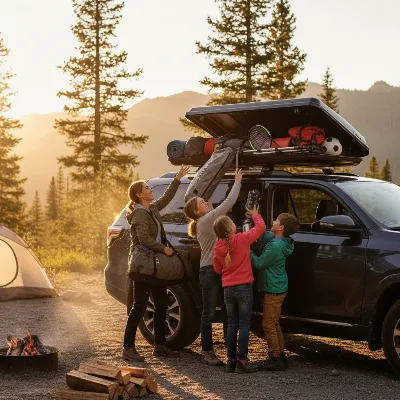 Family loading camping gear into a Yakima SkyBox 16 Carbonite on an SUV in a scenic outdoor setting