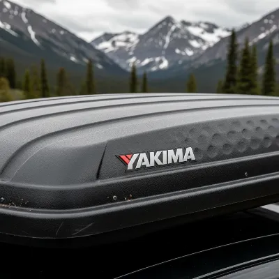 Close-up of Yakima SkyBox 16 Carbonite textured ABS plastic lid with aerodynamic dimples